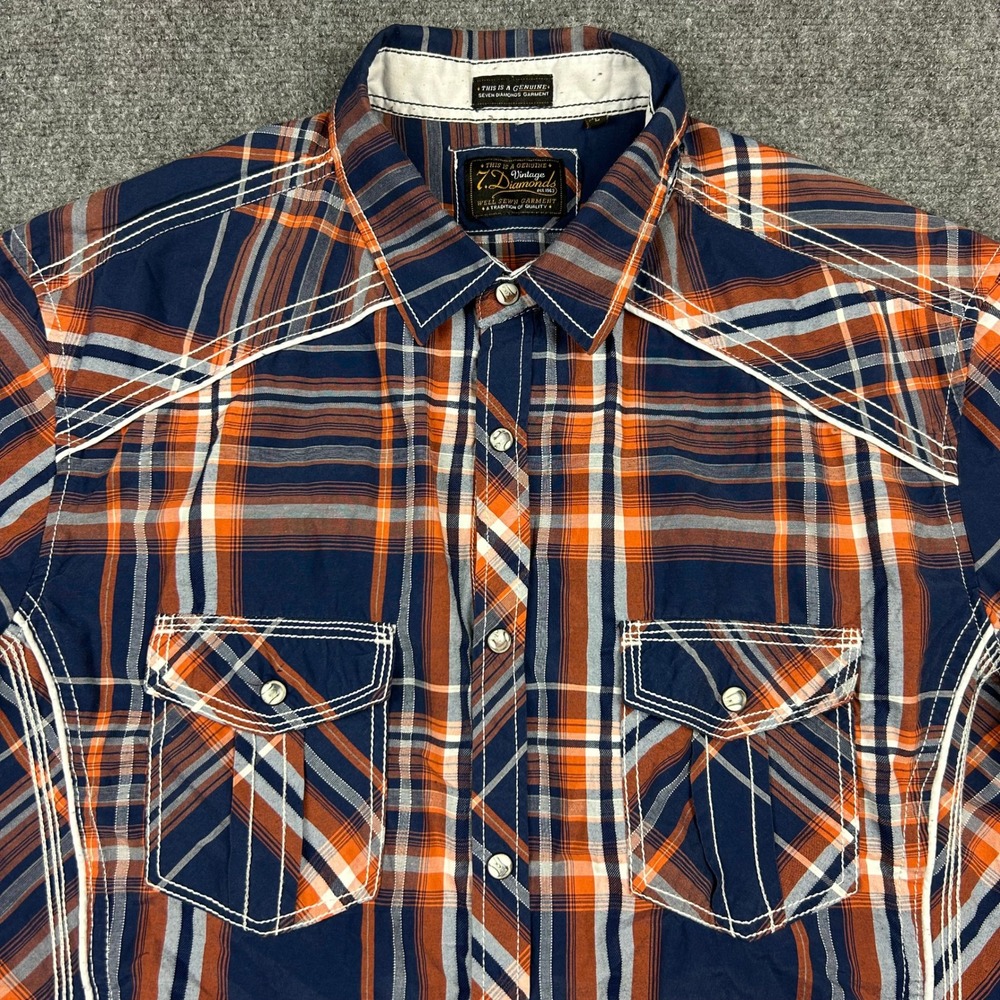 7 Diamonds Western Pearl Snap Shirt Mens L Orange Navy Plaid Contrast Stitch